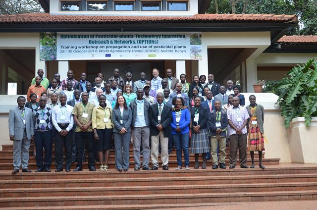 Participants attending the OPTIONs training and capacity building workshop on using and growing pesticidal plants, hosted by the World Agroforestry Centre, Nairobi, Kenya